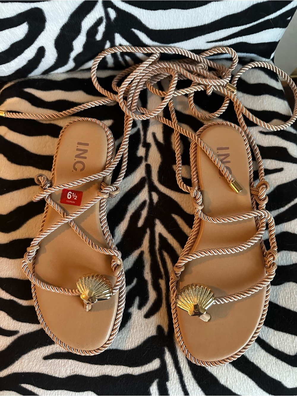 INC International Concepts Gold Rope Lace-Up Sandals with Shell Accent